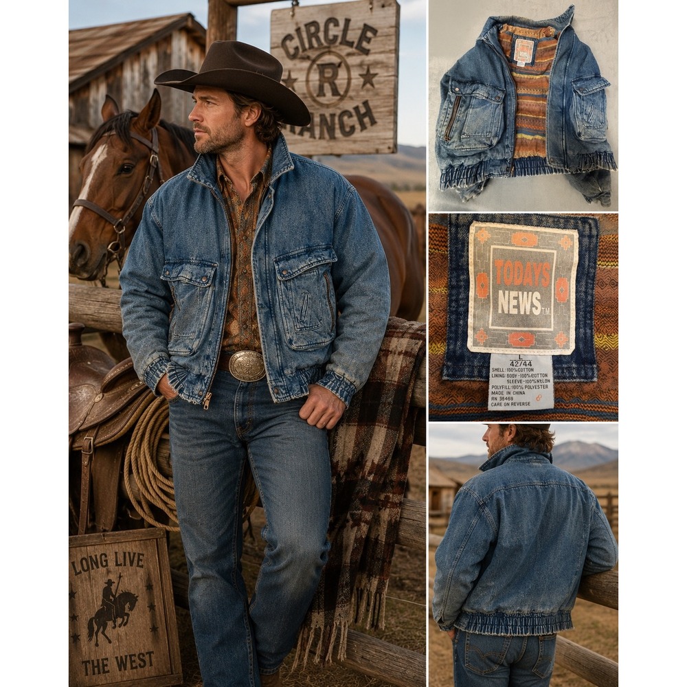 Today's News Vintage Denim Bomber Jacket Men's 42/44 Blue Fringe Cargo Pockets